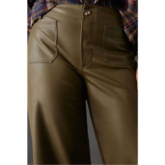 NEW Anthropologie Maeve Colette Moss Cropped Wide-Leg Faux Leather Pants Size 32 - Picture 7 of 8